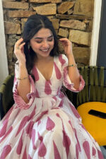 Americanchoice White & Pink Cotton Anarkali Kurta With Pant And Dupatta Set - Image 2
