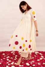 Americanchoice White Cotton Embroidered Naira Cut Kurta & Pant Set