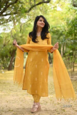 Americanchoice Yellow Handloom South Cotton Kurta and Pant Set with Kota Doria Dupatta