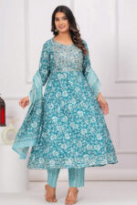 Americanchoice Sky Blue Cotton Kurta With Pant & Dupatta Set