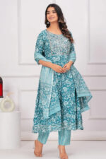 Americanchoice Sky Blue Cotton Kurta With Pant & Dupatta Set - Image 4