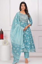 Americanchoice Sky Blue Cotton Kurta With Pant & Dupatta Set - Image 3