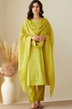 Americanchoice Yellow Cotton  Printed Kurta With Pant & Dupatta Set