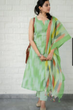 Americanchoice Green South Cotton Kurta With Pant & Dupatta Set  - { Sleeves Attached Inside } - Image 2