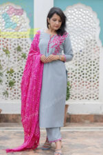 Americanchoice Grey Cotton Embroidered Kurta and Pant Set with Bandhani Print Dupatta - Image 5