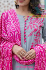 Americanchoice Grey Cotton Embroidered Kurta and Pant Set with Bandhani Print Dupatta - Image 6