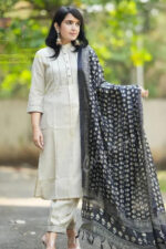 Americanchoice Off White Khadi Cotton Kurta and Bottom Set with Khadi Silk Dupatta - Image 2