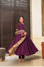 Americanchoice Fully Stitched Designer Pure Chinnon With Embroidery Sequence Work Gown & Dupatta Set