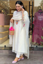 Americanchoice White Embroidered Chanderi Kurta With Cotton Pant & Dupatta Set - Image 2