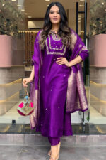Americanchoice Embroidered Purple Regular Thread Work Kurta with Trousers & With Dupatta - Image 2