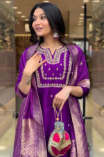 Americanchoice Embroidered Purple Regular Thread Work Kurta with Trousers & With Dupatta - Image 3