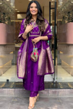 Americanchoice Embroidered Purple Regular Thread Work Kurta with Trousers & With Dupatta