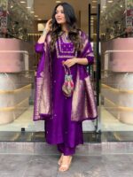 Americanchoice Embroidered Purple Regular Thread Work Kurta with Trousers & With Dupatta - Image 5