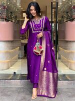 Americanchoice Embroidered Purple Regular Thread Work Kurta with Trousers & With Dupatta - Image 7