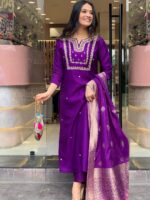 Americanchoice Embroidered Purple Regular Thread Work Kurta with Trousers & With Dupatta - Image 6