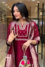 Americanchoice Embroidered Maroon Regular Thread Work Kurta with Trousers & With Dupatta - Image 5
