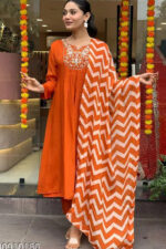 Americanchoice Orange Designer Silk Blend Kurta Pant Set with Dupatta - Image 4