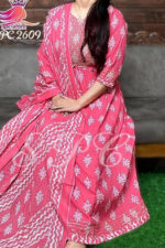 Americanchoice Women's Cotton Pink Anarkali Embroidery Kurta & Pant with Dupatta - Image 3