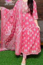 Americanchoice Women's Cotton Pink Anarkali Embroidery Kurta & Pant with Dupatta