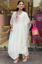 Americanchoice White Embroidered Chanderi Kurta With Cotton Pant & Dupatta Set