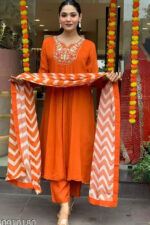 Americanchoice Orange Designer Silk Blend Kurta Pant Set with Dupatta