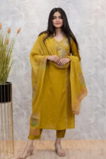 Americanchoice Yellow Cotton Embroidered Kurta With Pant & Dupatta Set - Image 4