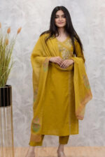 Americanchoice Yellow Cotton Embroidered Kurta With Pant & Dupatta Set
