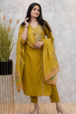 Americanchoice Yellow Cotton Embroidered Kurta With Pant & Dupatta Set - Image 2