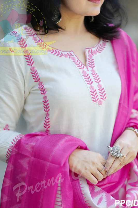 Americanchoice White Cotton Embroidered Kurta With Pant & Khadi Silk Dupatta Set - Image 3