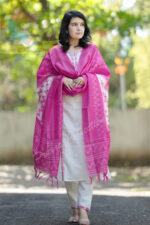 Americanchoice White Cotton Embroidered Kurta With Pant & Khadi Silk Dupatta Set - Image 2