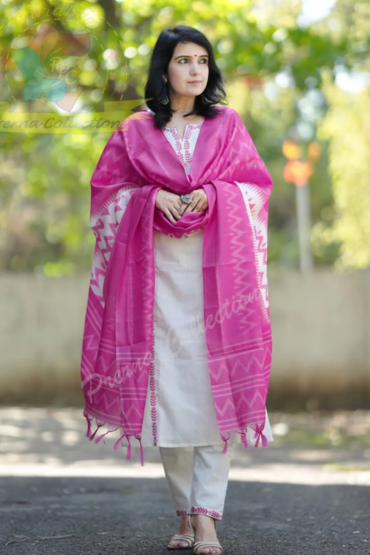 Americanchoice White Cotton Embroidered Kurta With Pant & Khadi Silk Dupatta Set - Image 2