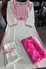 Americanchoice White Cotton Embroidered Kurta With Pant & Khadi Silk Dupatta Set - Image 4