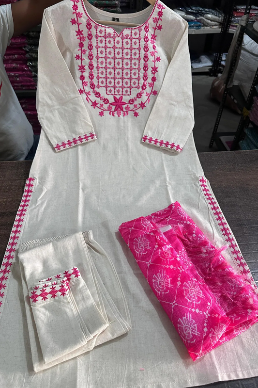Americanchoice White Cotton Embroidered Kurta With Pant & Khadi Silk Dupatta Set - Image 4