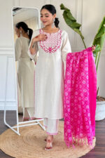Americanchoice White Cotton Embroidered Kurta With Pant & Khadi Silk Dupatta Set - Image 3