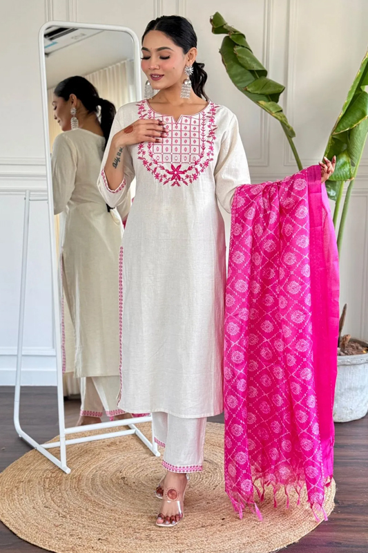 Americanchoice White Cotton Embroidered Kurta With Pant & Khadi Silk Dupatta Set - Image 3