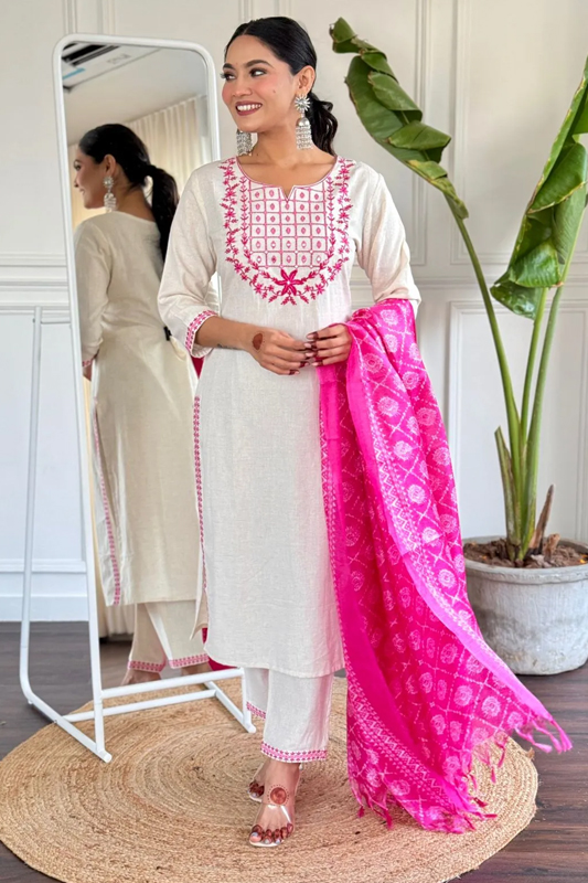 Americanchoice White Cotton Embroidered Kurta With Pant & Khadi Silk Dupatta Set - Image 2