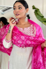 Americanchoice White Cotton Embroidered Kurta With Pant & Khadi Silk Dupatta Set