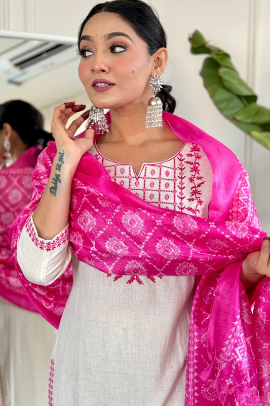 Americanchoice White Cotton Embroidered Kurta With Pant & Khadi Silk Dupatta Set - Image 1
