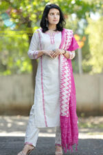 Americanchoice White Cotton Embroidered Kurta With Pant & Khadi Silk Dupatta Set - Image 5