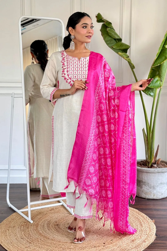Americanchoice White Cotton Embroidered Kurta With Pant & Khadi Silk Dupatta Set - Image 5