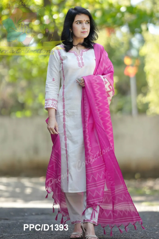 Americanchoice White Cotton Embroidered Kurta With Pant & Khadi Silk Dupatta Set - Image 4