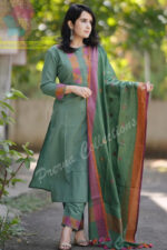 Americanchoice Dark Green Cotton Embroidered Kurta With Pant & Linen Dupatta Set - Image 3