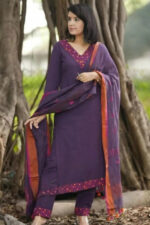 Americanchoice Cotton Embroidered Kurta With Pant & Linen Dupatta Set