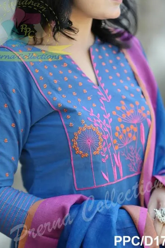 Americanchoice Blue Cotton Embroidered Kurta With Pant & Linen Dupatta Set - Image 3