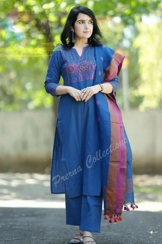 Americanchoice Blue Cotton Embroidered Kurta With Pant & Linen Dupatta Set - Image 2