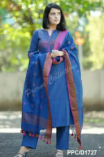 Americanchoice Blue Cotton Embroidered Kurta With Pant & Linen Dupatta Set