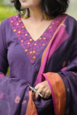 Americanchoice Cotton Embroidered Kurta With Pant & Linen Dupatta Set - Image 2