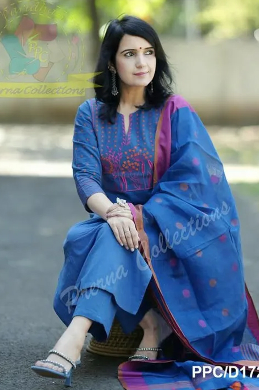 Americanchoice Blue Cotton Embroidered Kurta With Pant & Linen Dupatta Set - Image 5