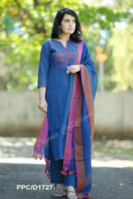 Americanchoice Blue Cotton Embroidered Kurta With Pant & Linen Dupatta Set - Image 4