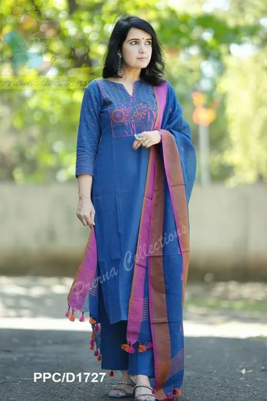 Americanchoice Blue Cotton Embroidered Kurta With Pant & Linen Dupatta Set - Image 4